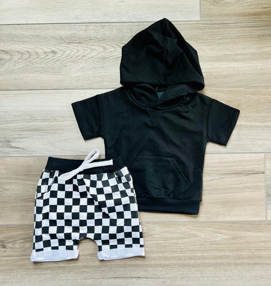 Checkered Shorts and Hooded Tee Set